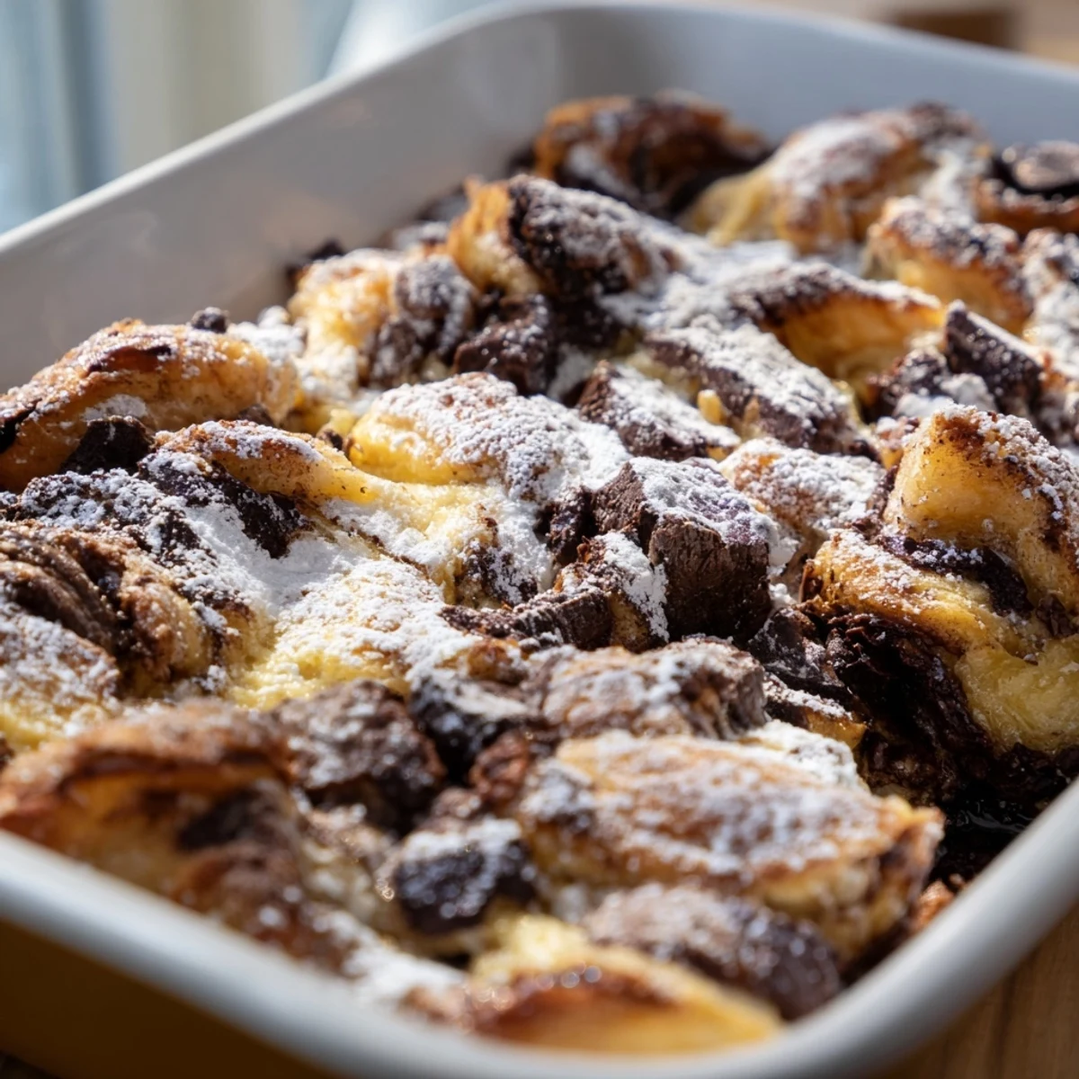 Baked chocolate croissant breakfast bake casserole with custard-soaked croissant pieces and golden brown top