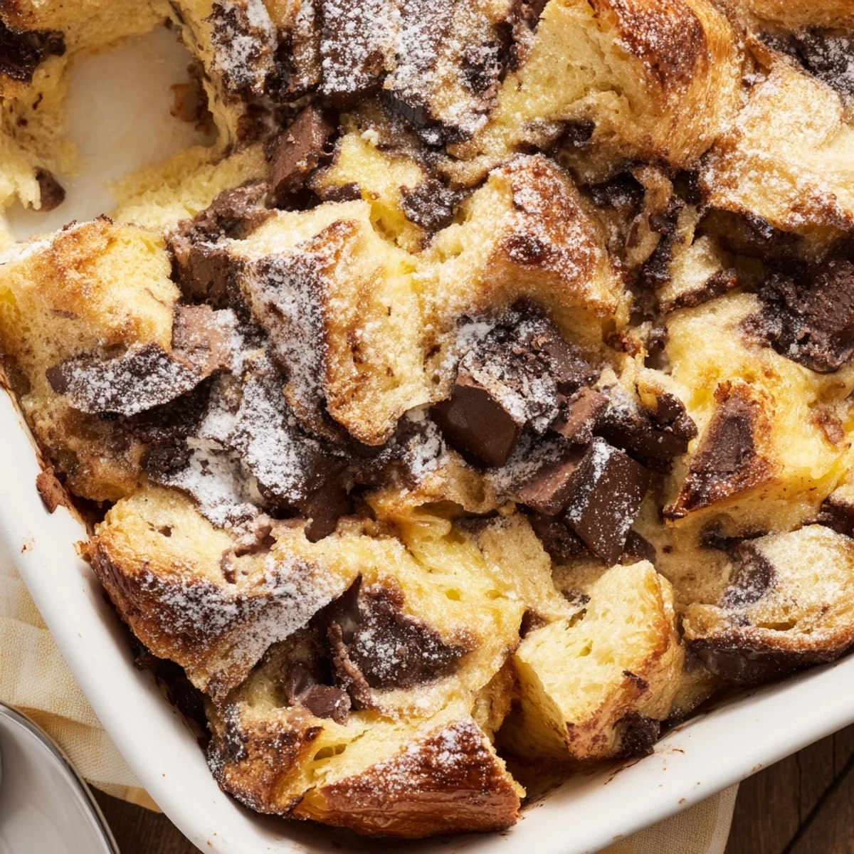 Decadent chocolate croissant breakfast bake served warm with powdered sugar and fresh berries