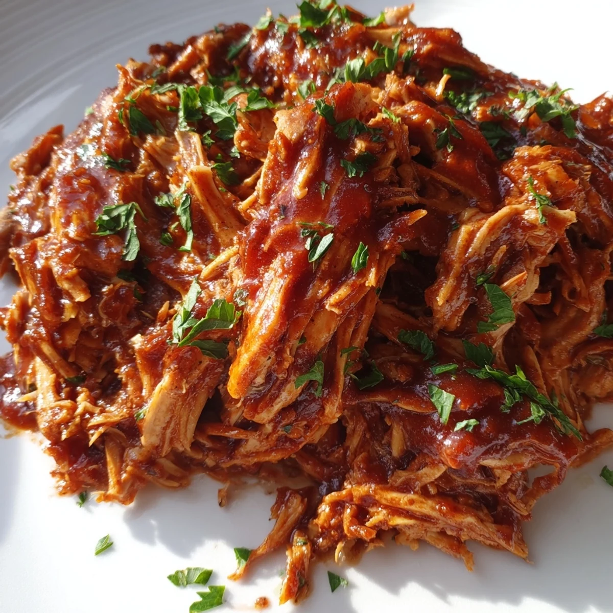 Tender Sweet Baby Ray's Crockpot Chicken glistening with rich, sticky barbecue sauce on a white plate.