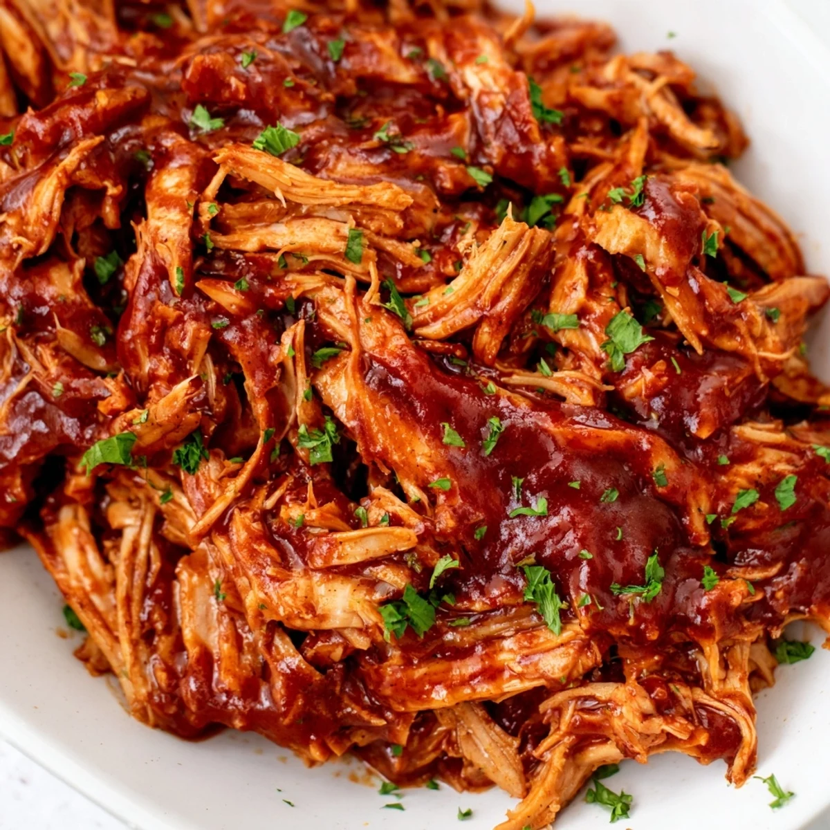 Savory Sweet Baby Ray's Crockpot Chicken ready to serve over fluffy white rice with fresh parsley.