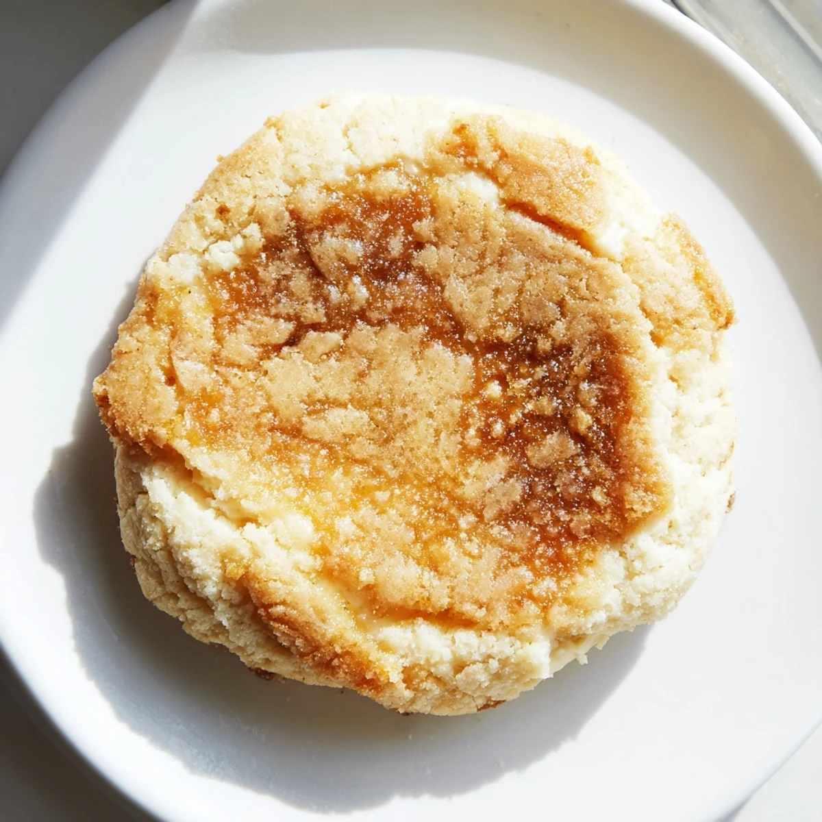 Soft baked creme brulee cookies with golden caramelized sugar tops on rustic white plate