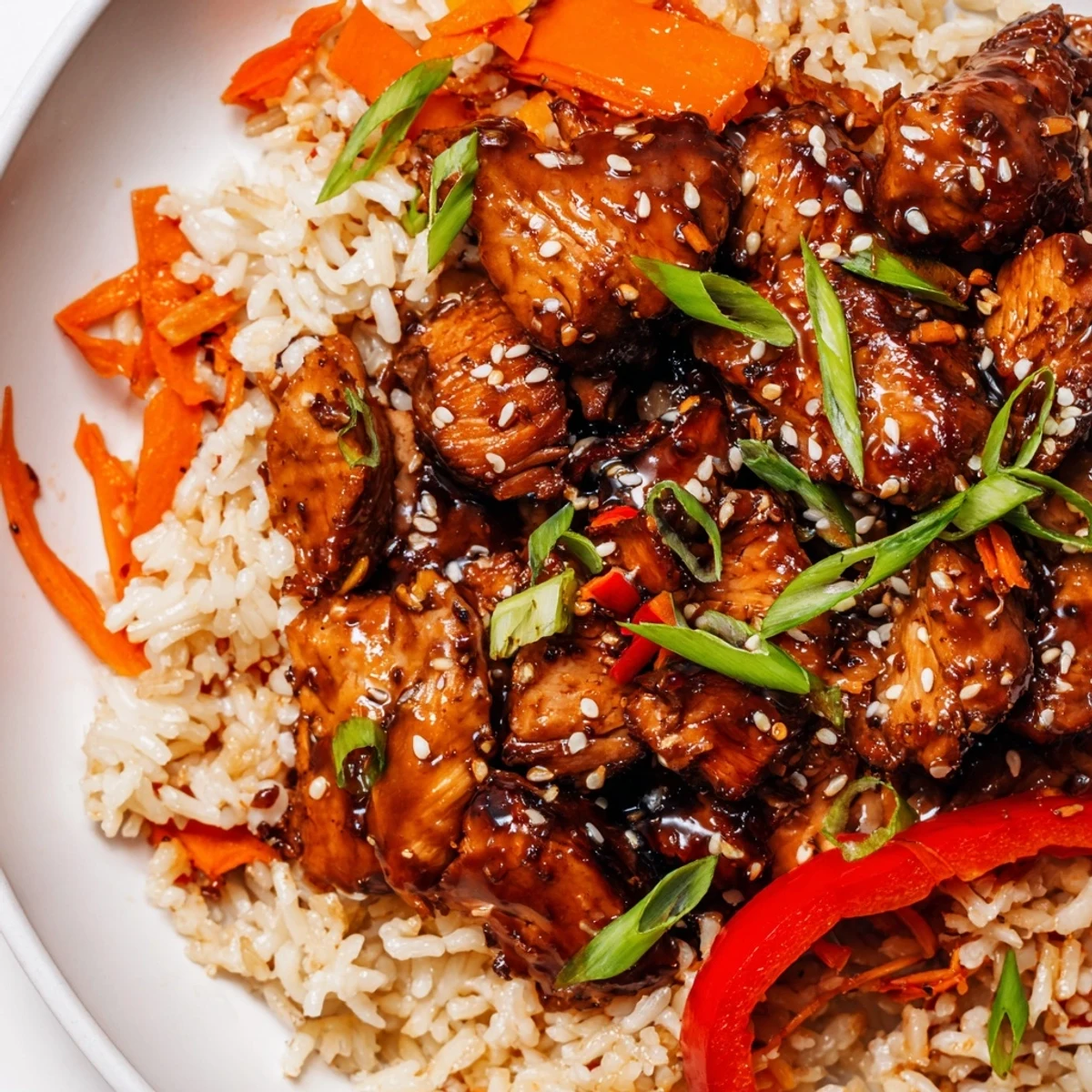 Golden One Pan Korean BBQ Chicken and Rice served in a cast iron skillet with sesame seeds