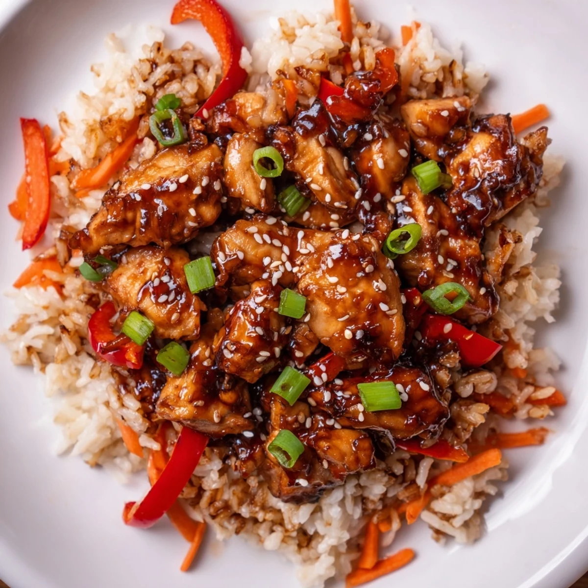 Steaming bowl of One Pan Korean BBQ Chicken and Rice topped with fresh green onions