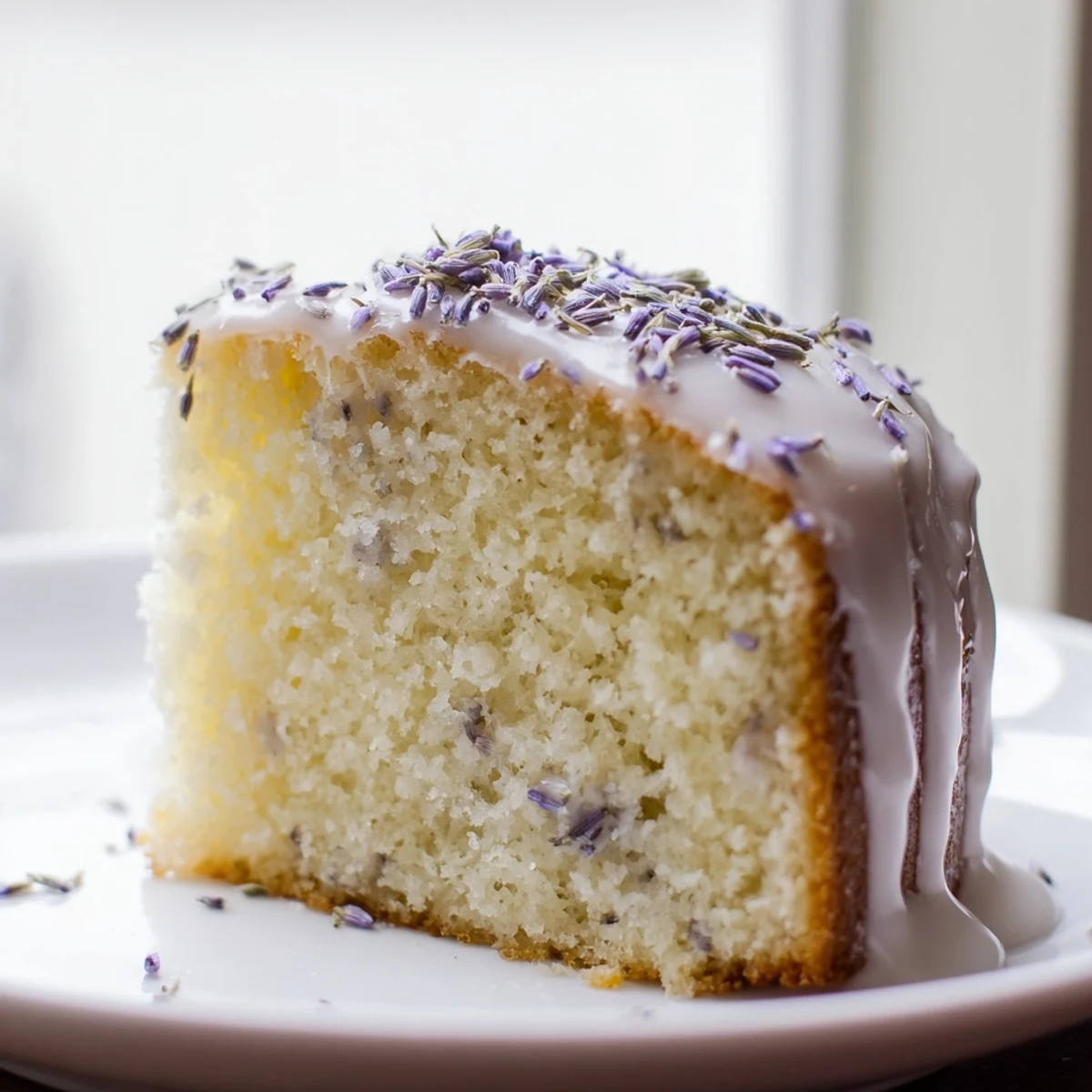 Lavender cake with lemon glaze drizzled over a tender golden crumb studded with purple buds