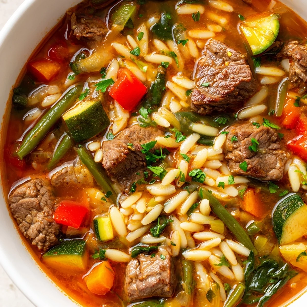 Steaming bowl of hearty beef and orzo soup brimming with colorful garden vegetables