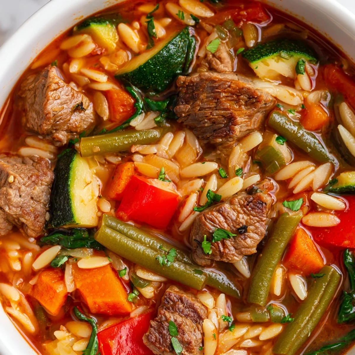 Hearty beef and orzo soup featuring tender meat and vibrant veggies in savory broth