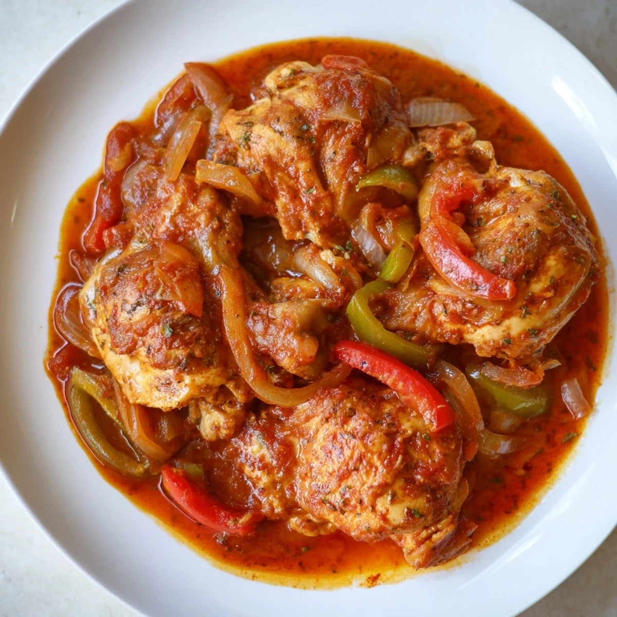 Senegalese chicken simmered in rich tomato sauce with colorful bell peppers
