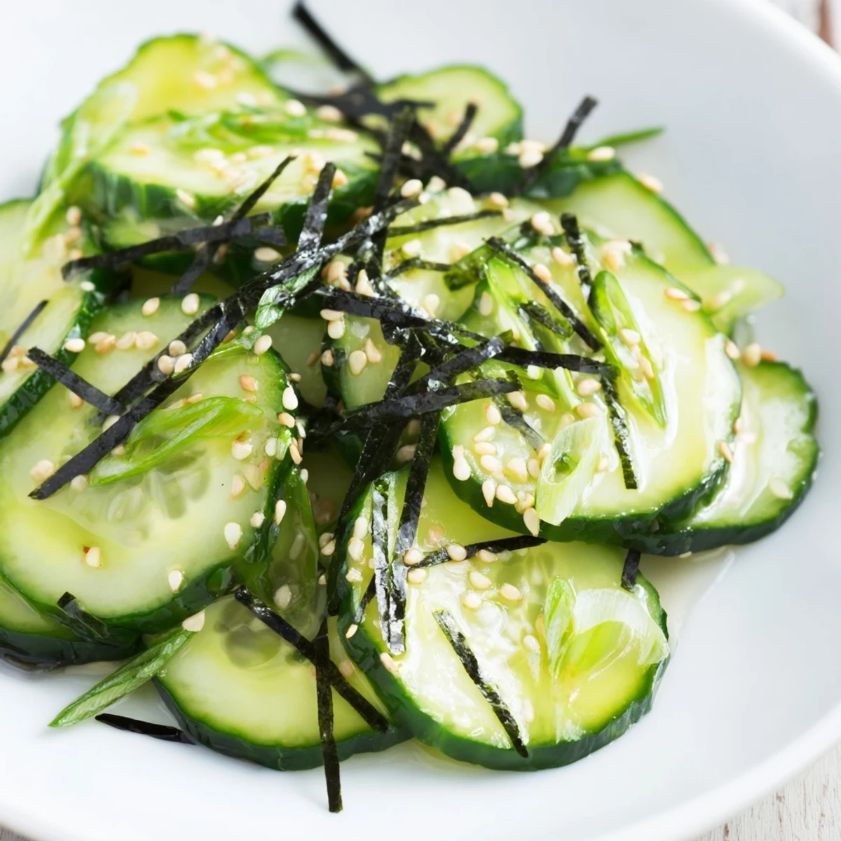 Thinly sliced cucumbers topped with nori strips in this refreshing sushi cucumber salad