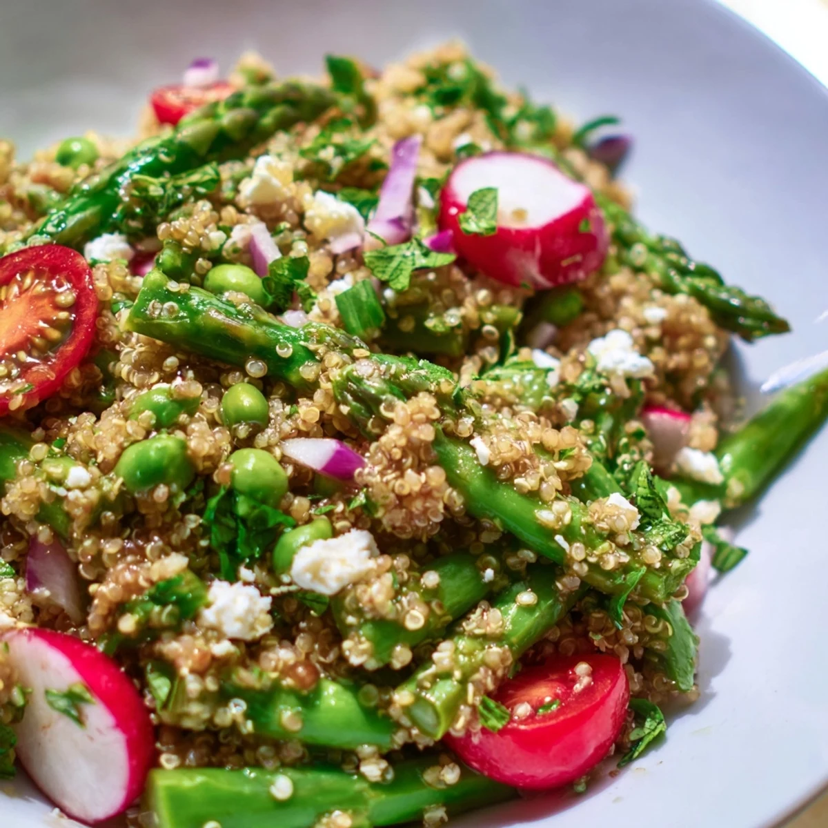 Spring Vegetable Quinoa Salad in a white bowl with bright green asparagus and colorful fresh vegetables