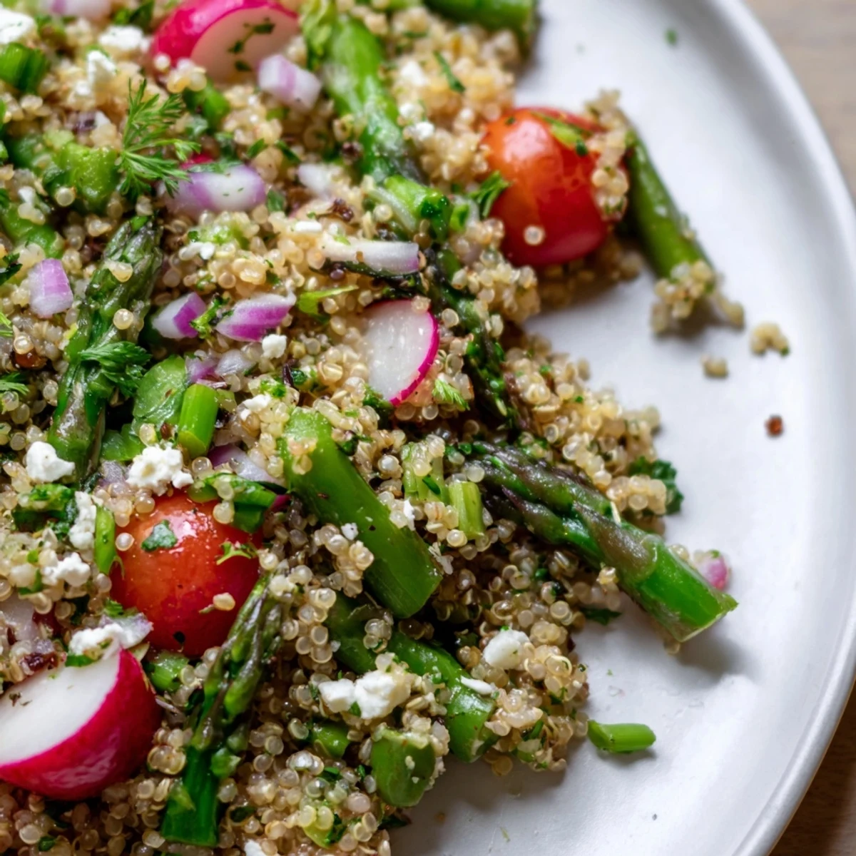 Fluffy Spring Vegetable Quinoa Salad topped with crumbled feta and fresh herbs in lemon vinaigrette