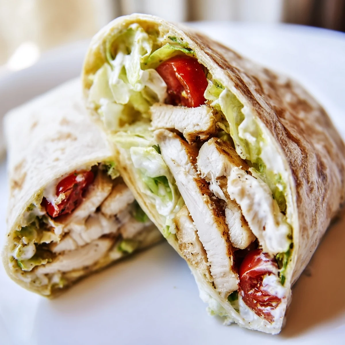 Sliced chicken Caesar wraps featuring creamy dressing, fresh lettuce, and juicy tomatoes inside.