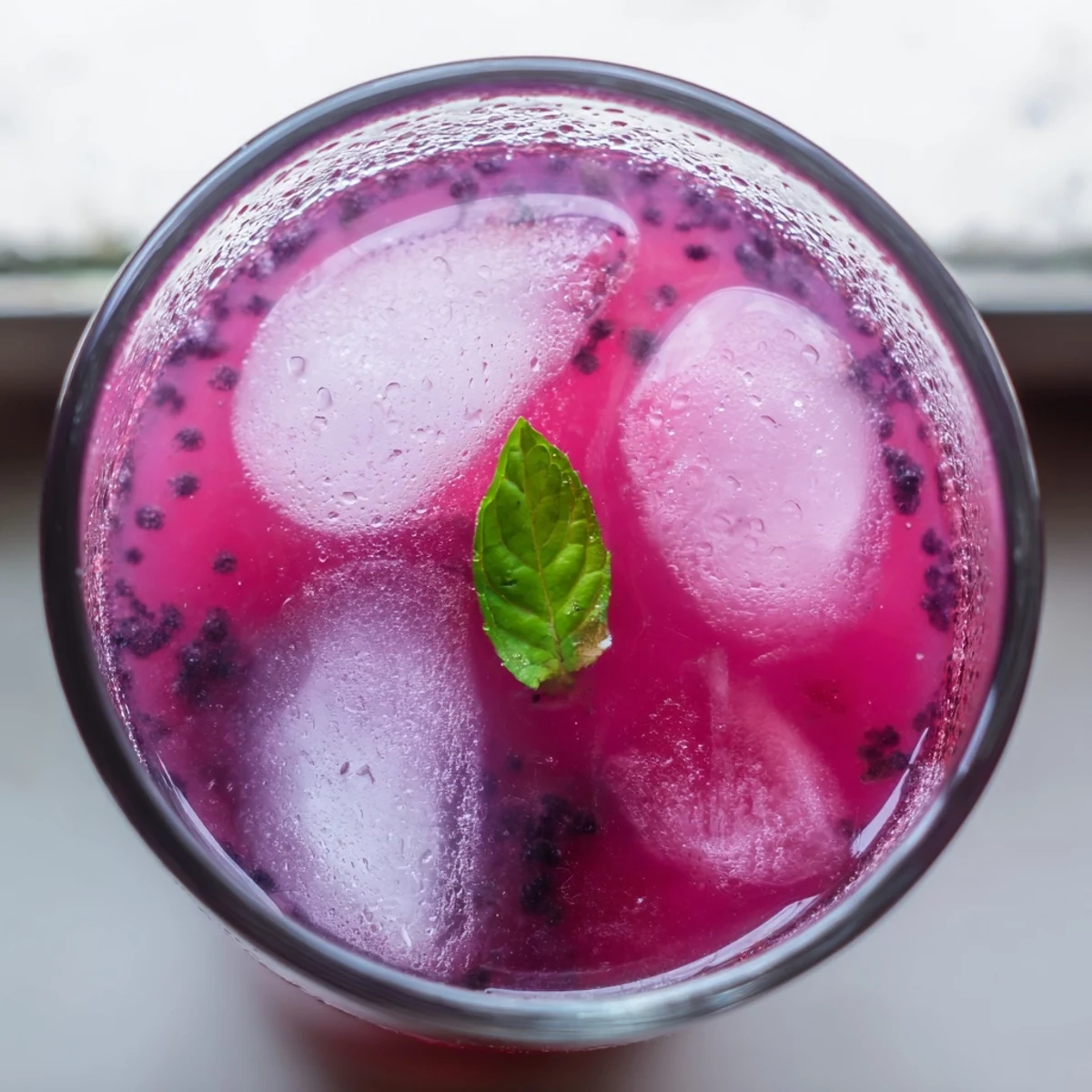 Grape Agua Fresca in a clear glass with ice, garnished with fresh mint leaves.