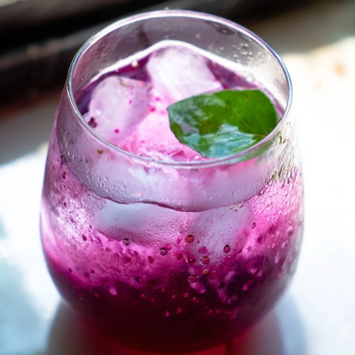 Refreshing purple Grape Agua Fresca poured over ice cubes in a tall pitcher.