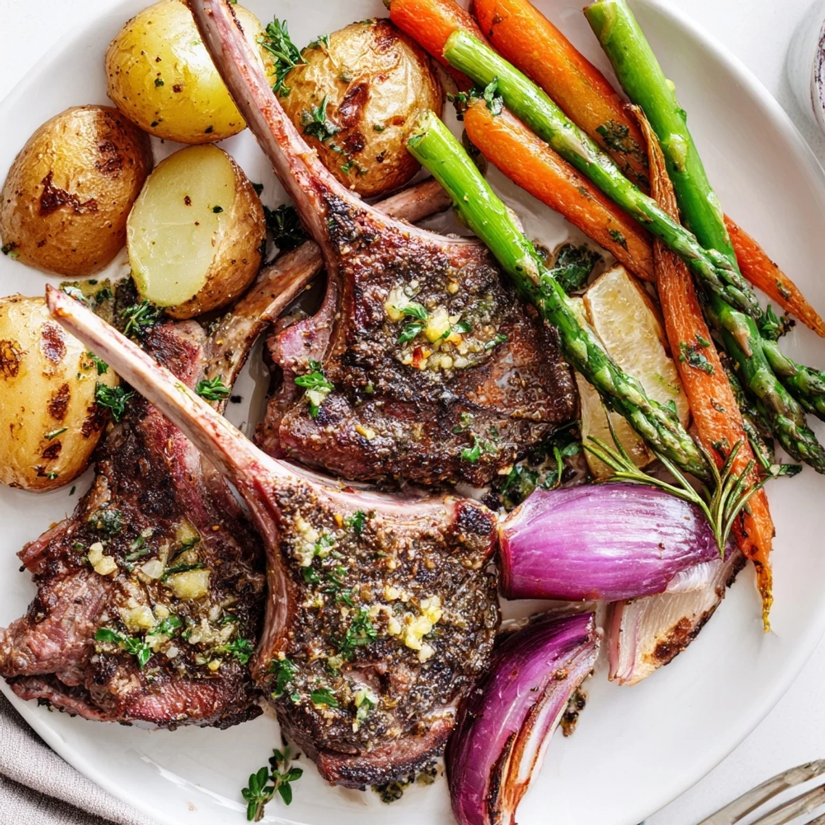 Golden herb-crusted lamb chops and roasted vegetables arranged on Easter dinner sheet pan