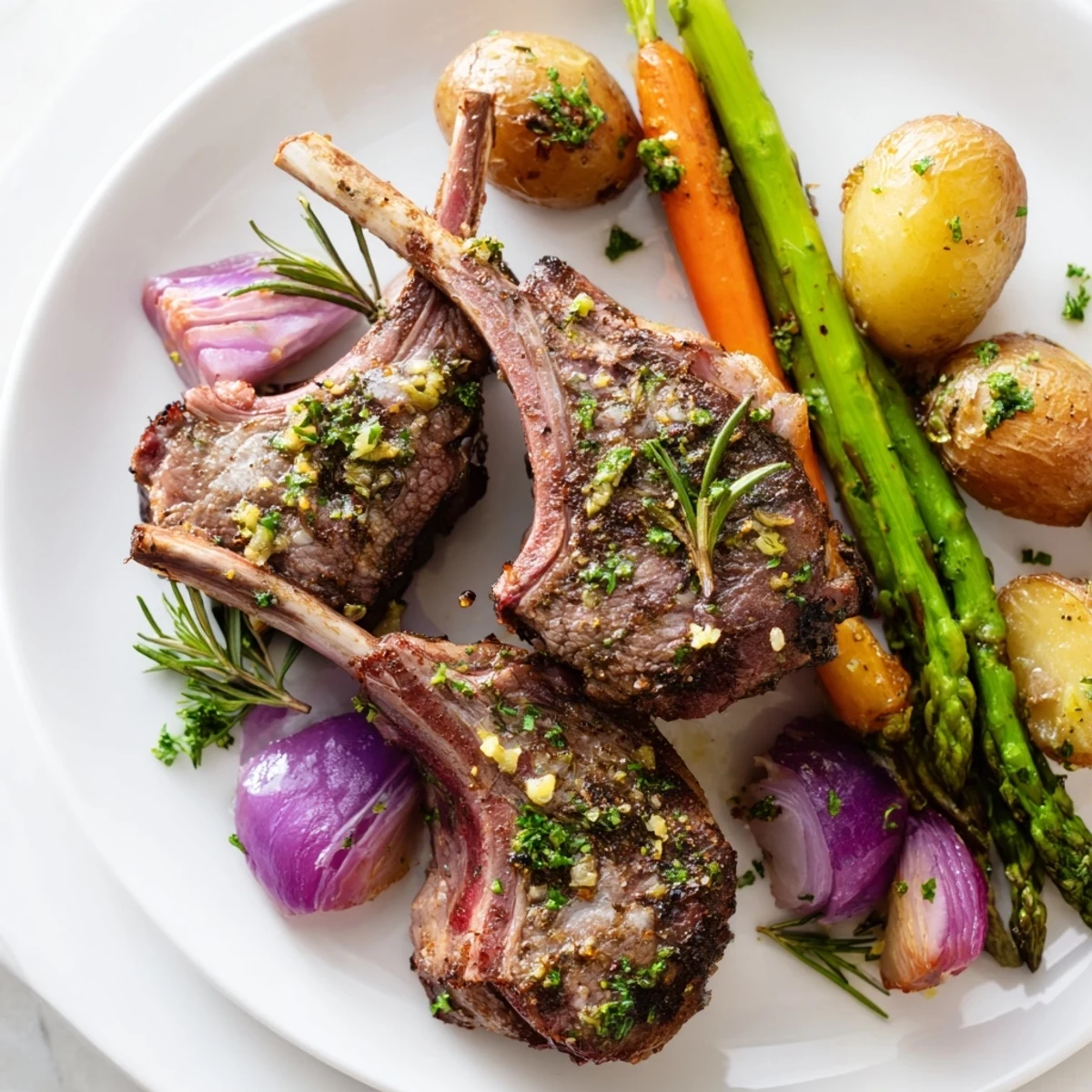 Perfectly cooked Easter dinner on a sheet pan with baby potatoes and asparagus