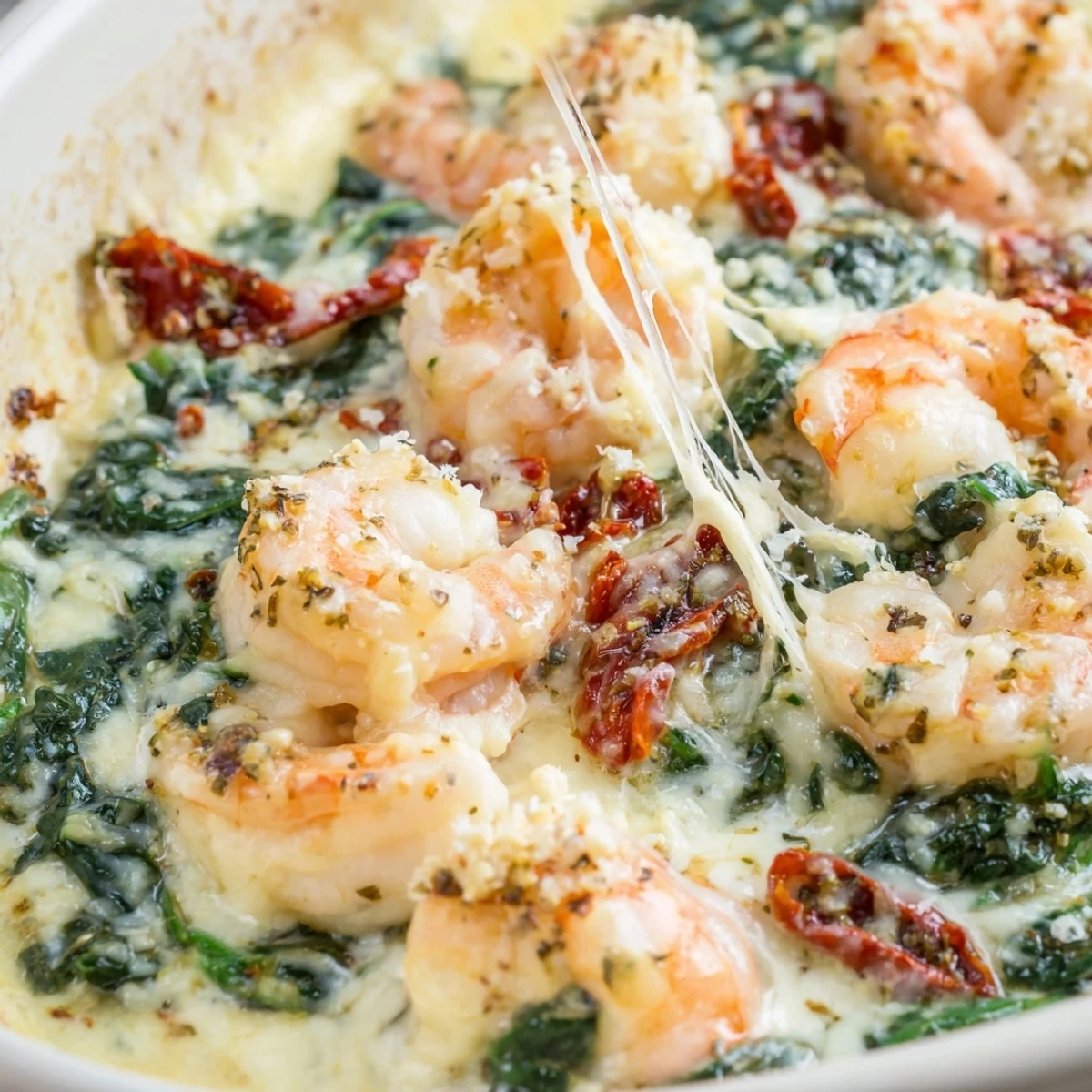 Creamy Low Carb Shrimp Tuscan Bake with melted mozzarella in a golden baking dish