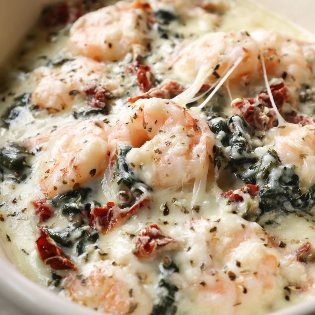 Low Carb Shrimp Tuscan Bake topped with bubbling cheese and vibrant spinach