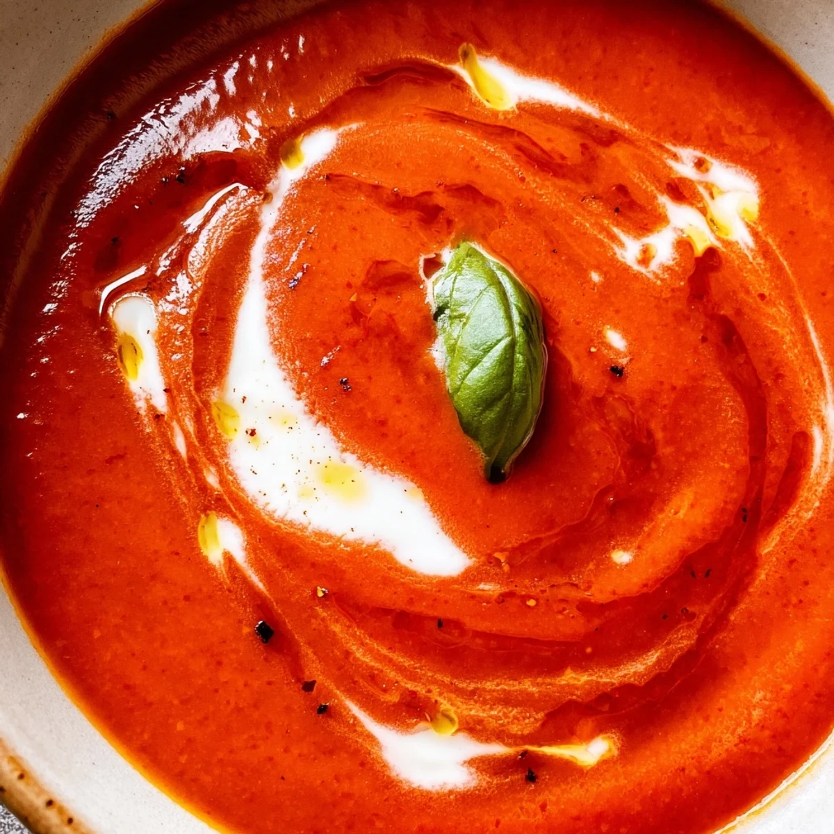 Smoky fire roasted tomato soup in a white ceramic bowl with fresh basil garnish