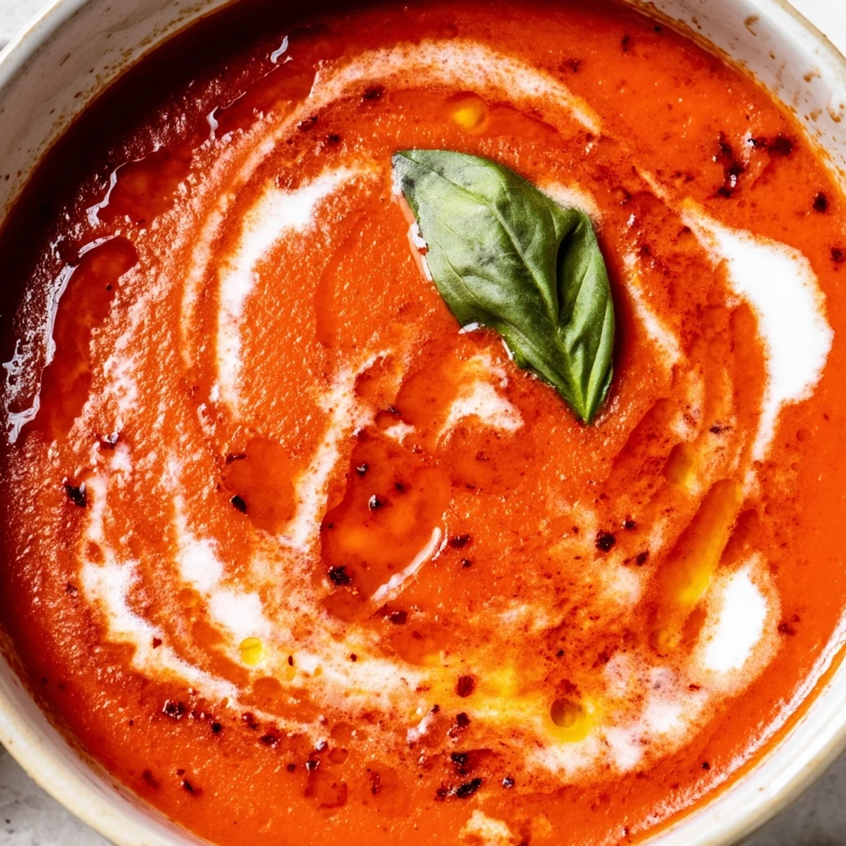 Velvety fire roasted tomato soup topped with cream swirl and herb sprinkles