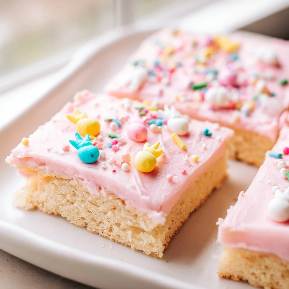 Soft Easter sugar cookie bars with swirled pastel frosting and colorful rainbow sprinkles