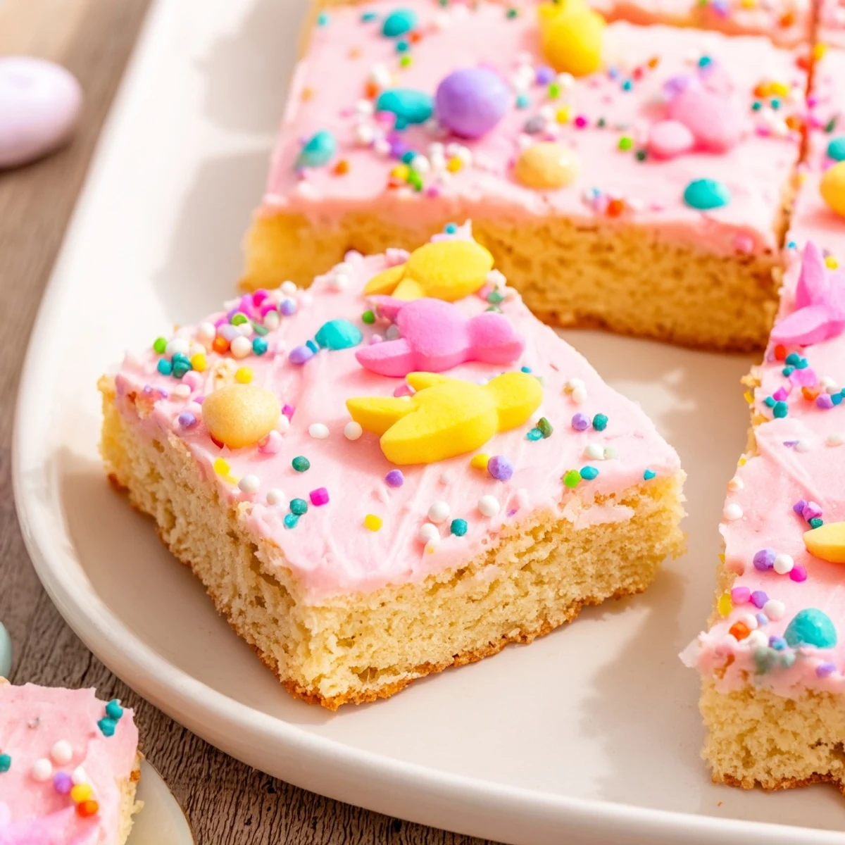Thick-cut Easter sugar cookie bars topped with smooth creamy pink frosting and festive sprinkles