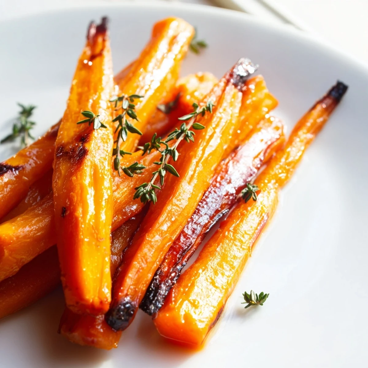 Glistening honey roasted carrots with caramelized edges, garnished with fresh thyme on a rustic platter.