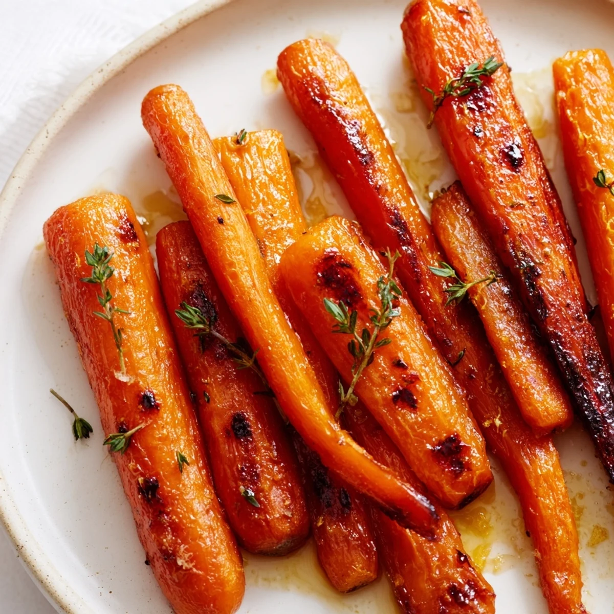 Golden honey roasted carrots arranged on a sheet pan, lightly charred and drizzled with sticky glaze.
