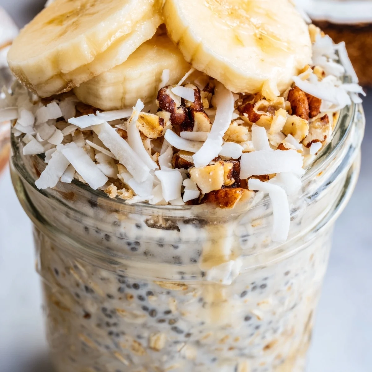 Creamy Coconut Cream Pie Overnight Oats topped with toasted coconut and pecans
