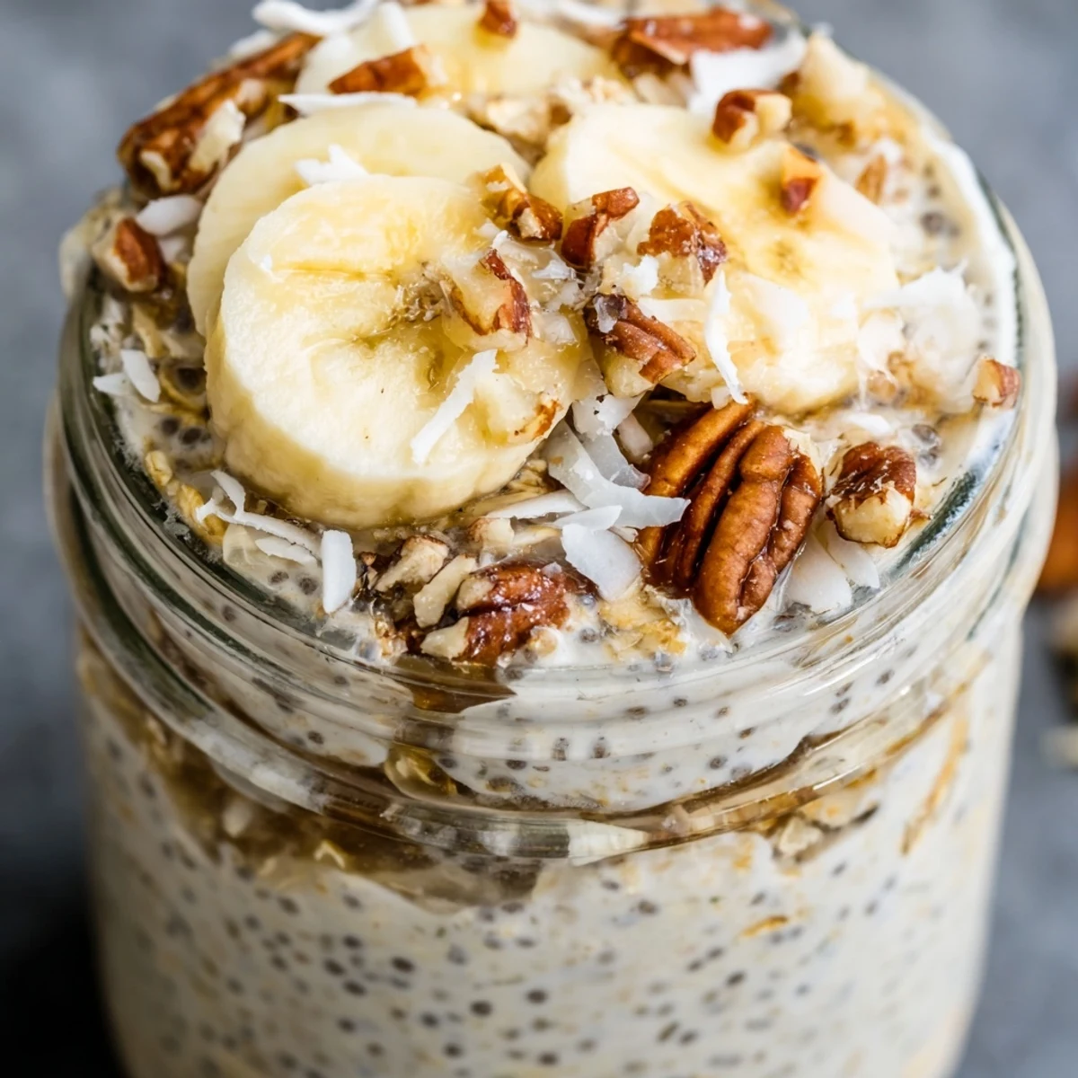 Thick, chilled Coconut Cream Pie Overnight Oats garnished with shredded coconut flakes