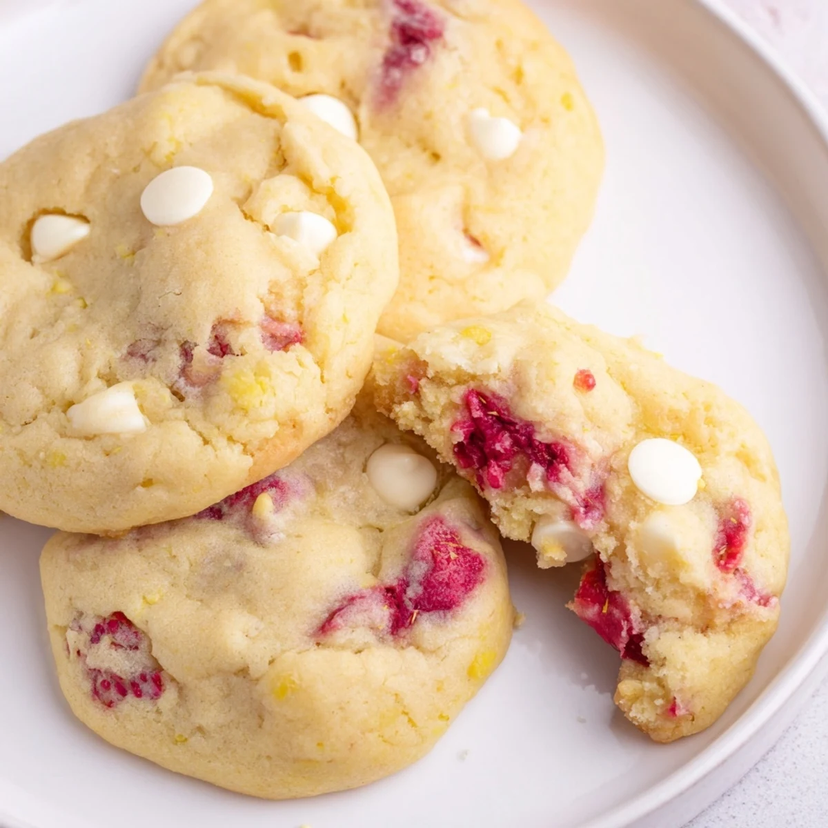 Golden lemon raspberry cookies with juicy berry pieces on a rustic white plate