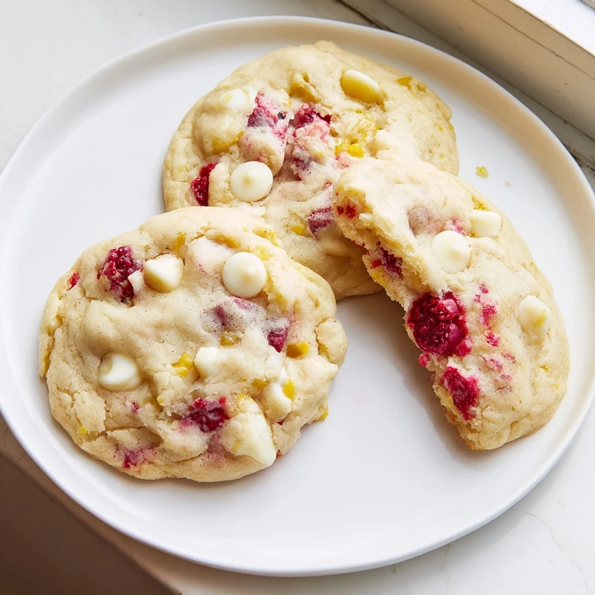 Soft chewy lemon raspberry cookies with bursting red berries and golden edges