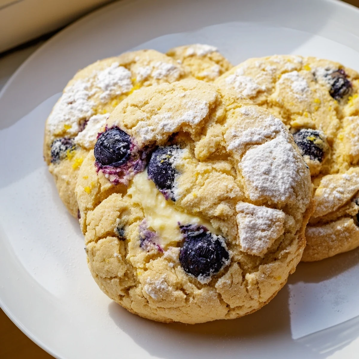 Golden lemon blueberry cheesecake cookies with juicy berries and creamy centers on white parchment