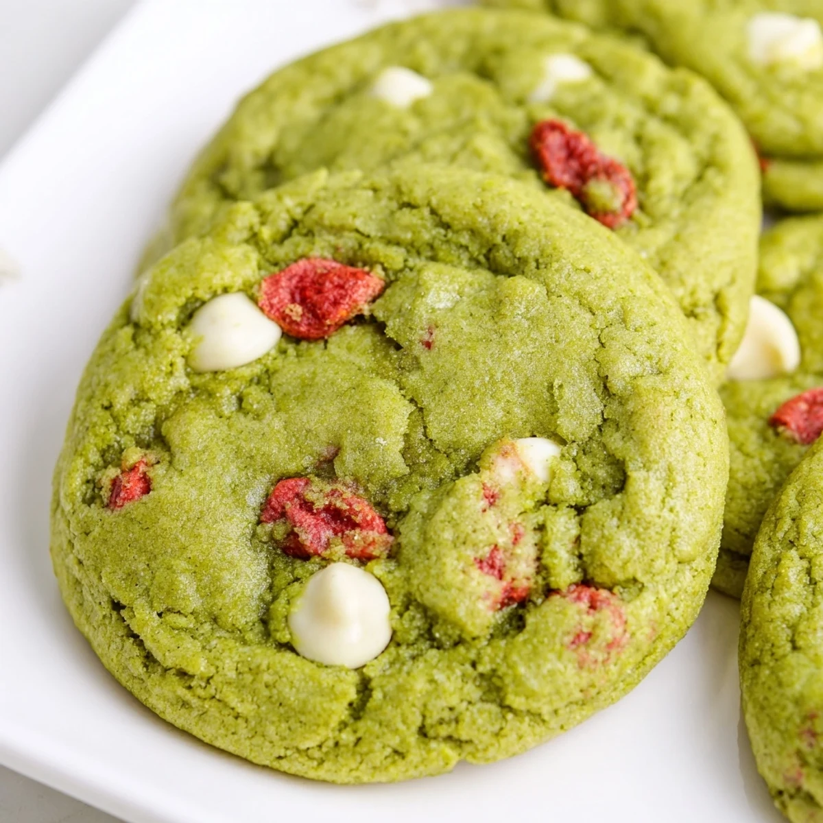 Soft strawberry matcha cookies with bright green dough and ruby-red berry pieces on a rustic baking sheet.