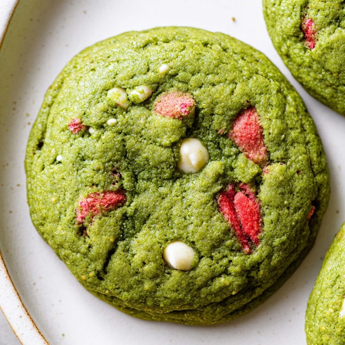 Chewy strawberry matcha cookies cooling on a wire rack, flecked with white chocolate and freeze-dried strawberries.