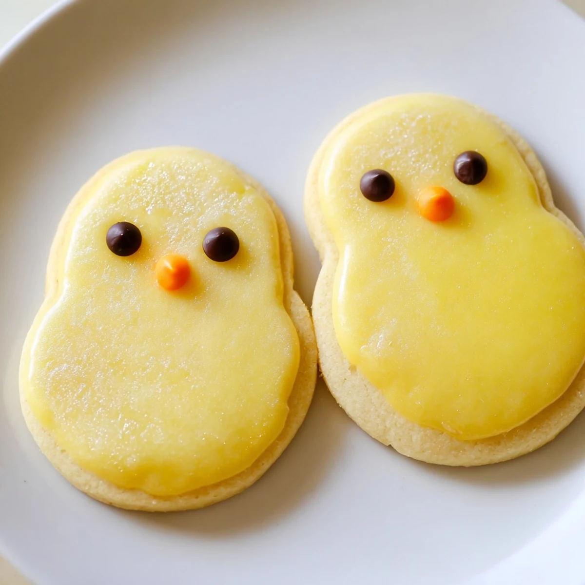 Adorable chick cookies with bright yellow frosting and cute chocolate chip eyes on a rustic baking sheet
