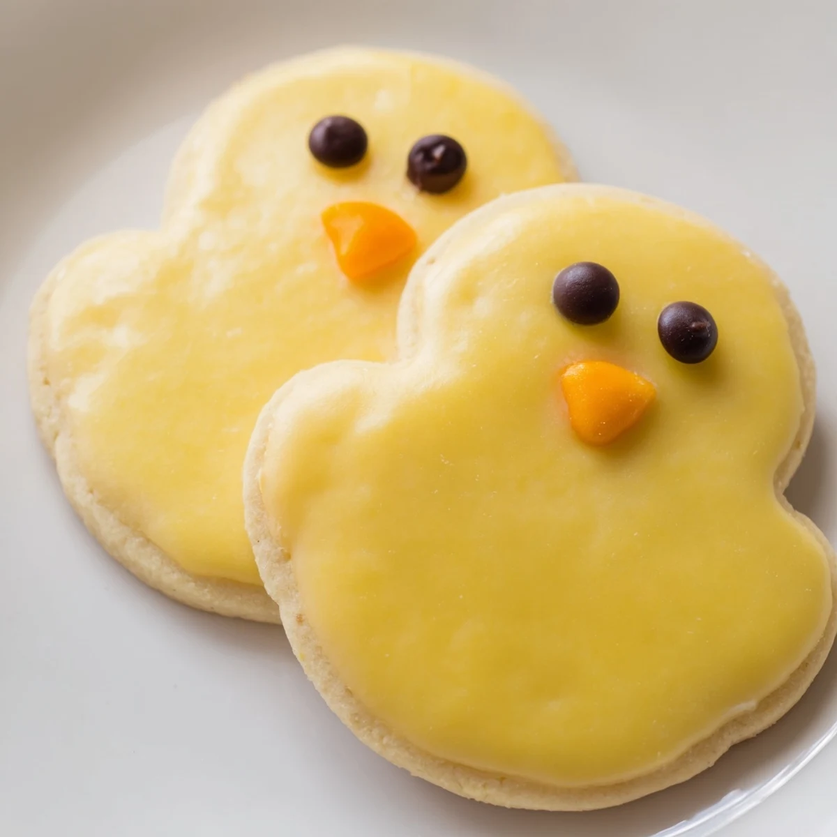 Buttery homemade chick cookies arranged on a white plate for a festive spring celebration dessert