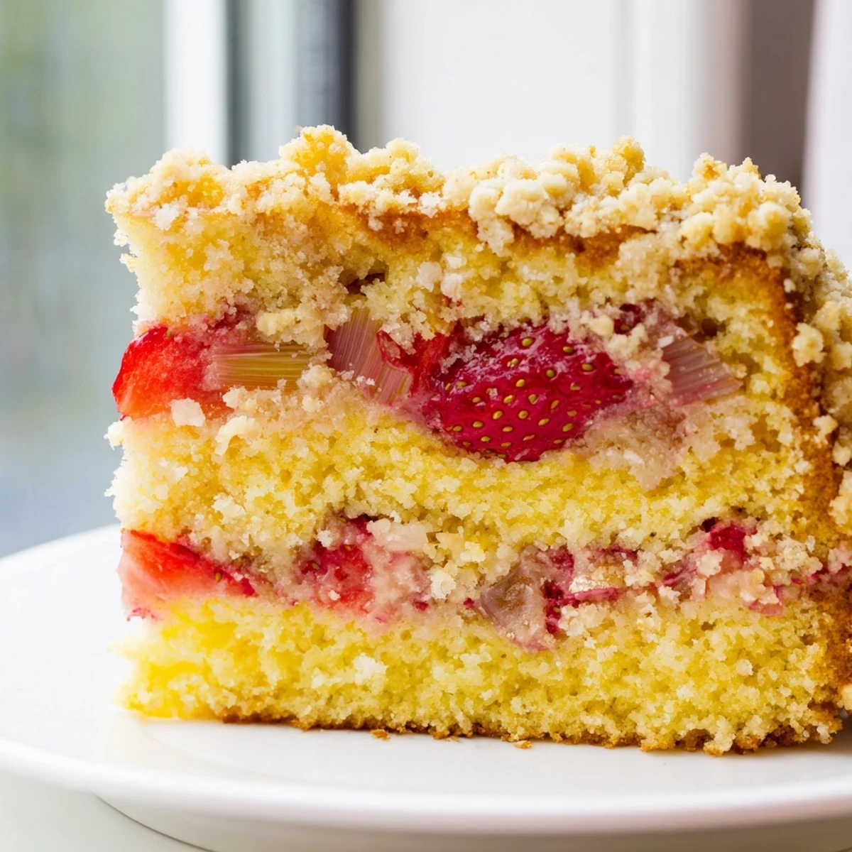 Golden lemon rhubarb cake topped with crunchy almond streusel and fresh strawberries