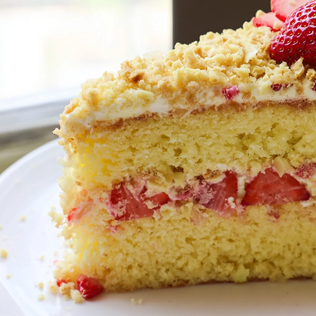 Tender spring cake with juicy strawberry rhubarb filling and buttery almond crumble
