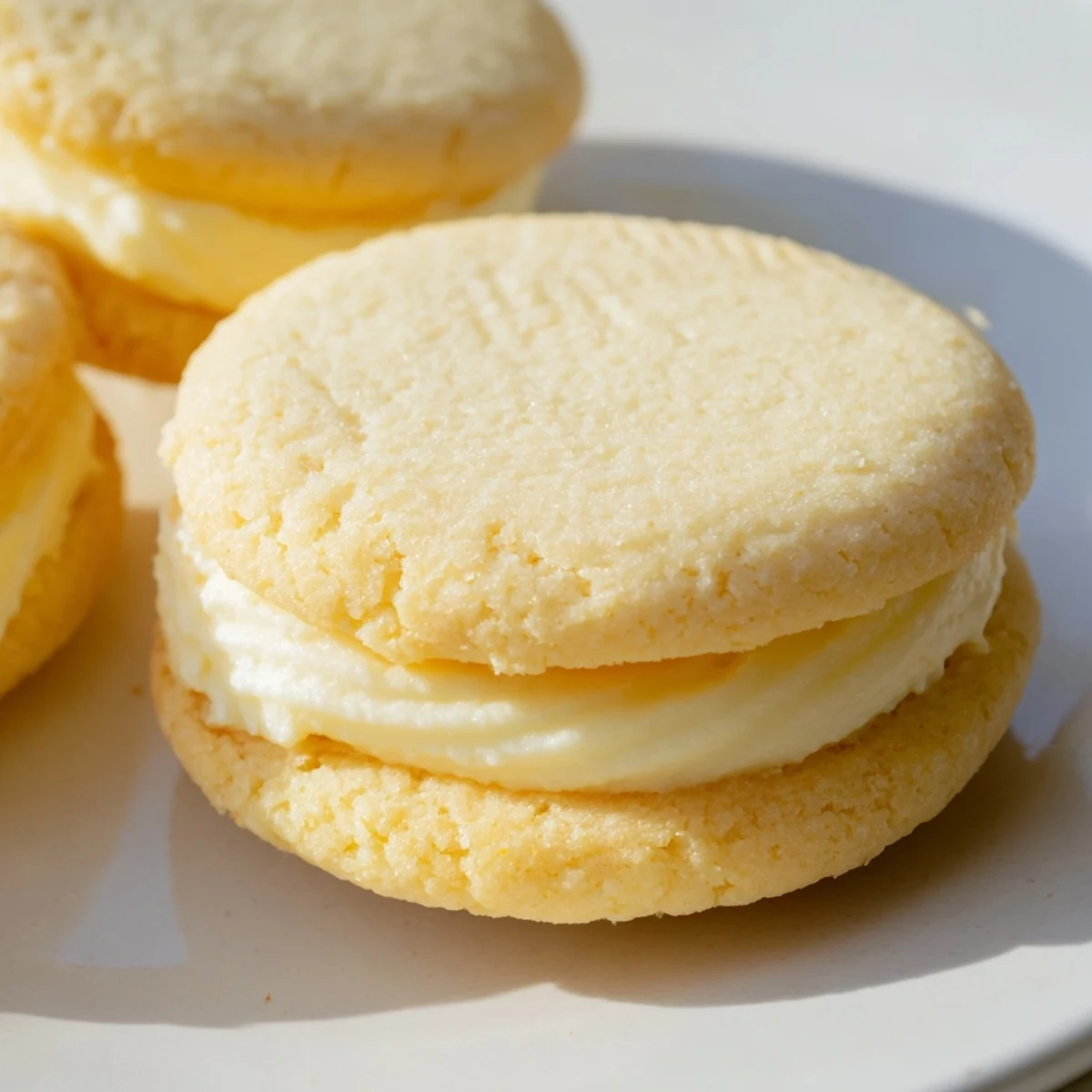 Soft pastel sugar cookie sandwiches with swirled buttercream filling on a rustic white plate
