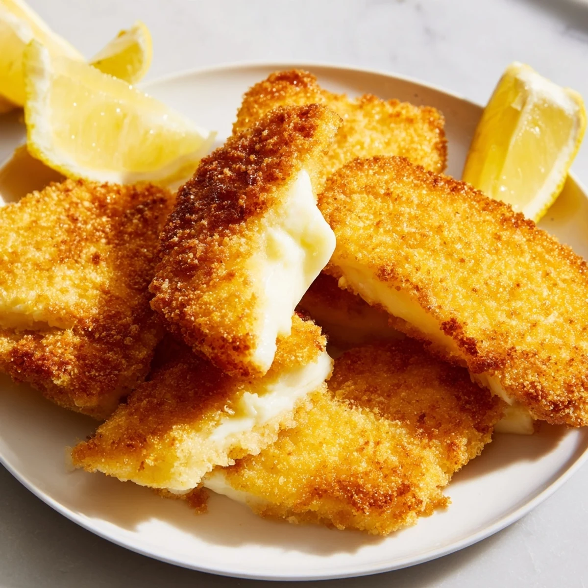 Golden crispy Greek fried cheese sizzling in pan with fresh lemon wedges nearby