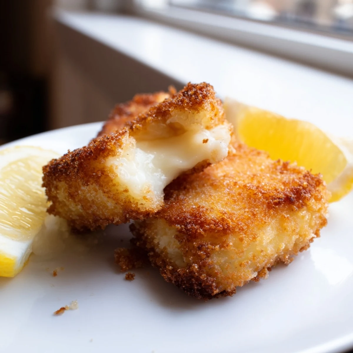 Crispy Greek fried cheese slices on plate with bright lemon wedges for squeezing
