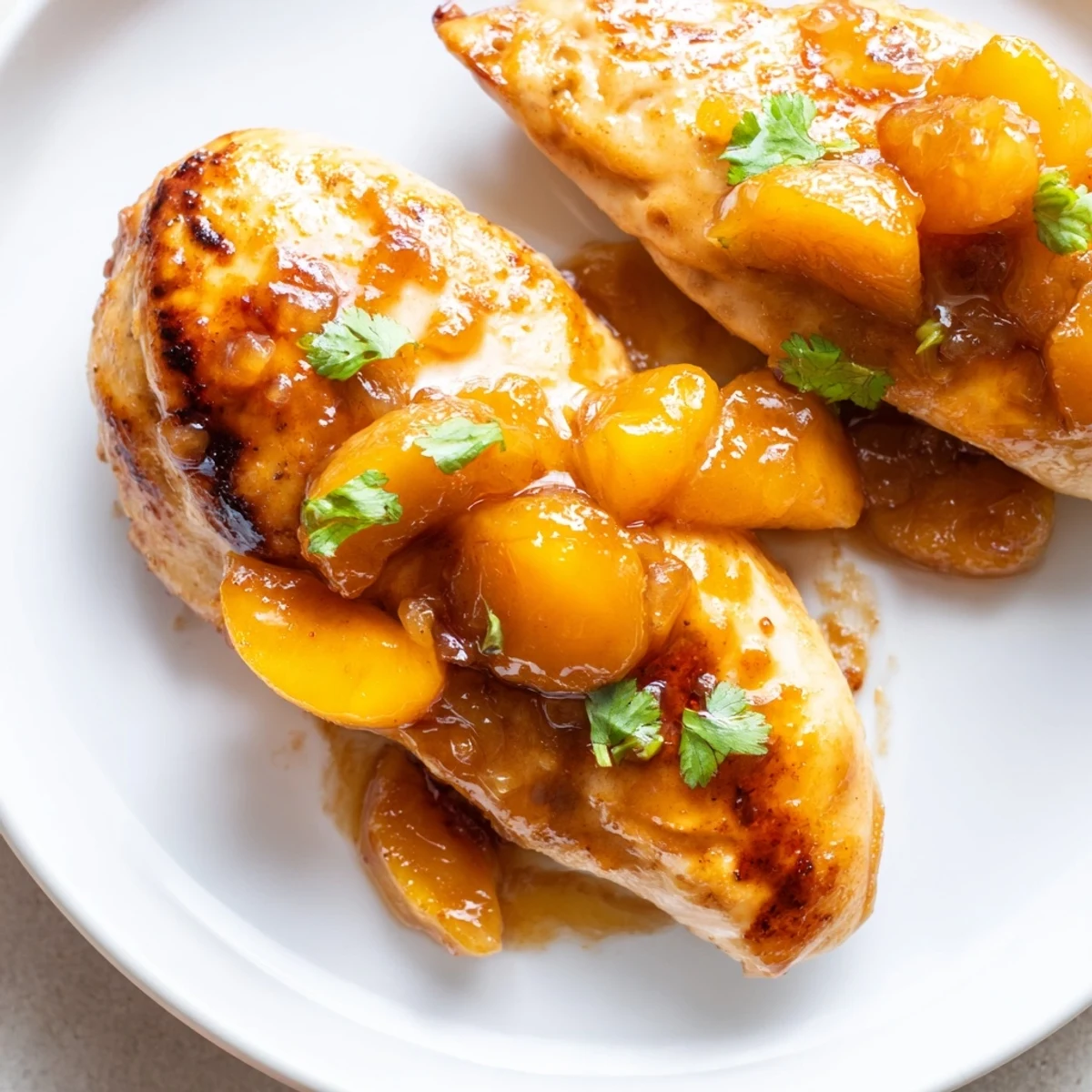 Juicy Jalapeno Peach Chicken glazed with sweet-spicy sauce on a white dinner plate