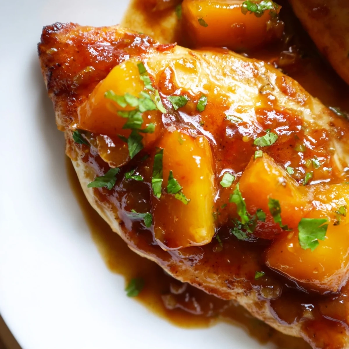 Golden seared Jalapeno Peach Chicken topped with fresh peach slices and cilantro garnish
