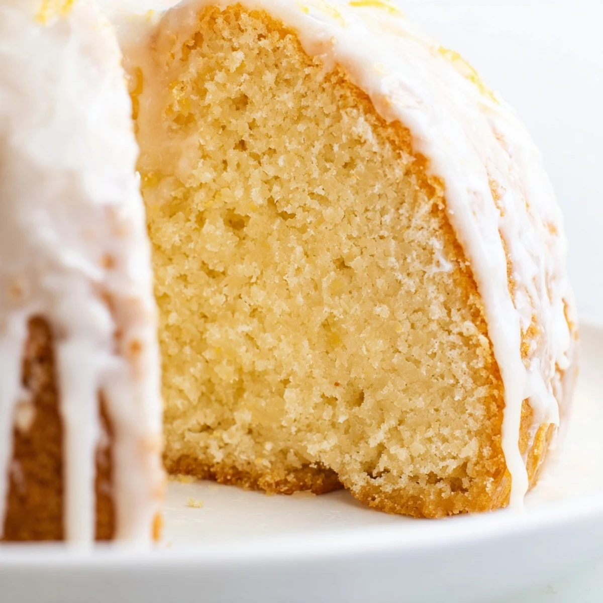 Golden church cake with vanilla glaze drizzled over a moist tender sponge ready to slice