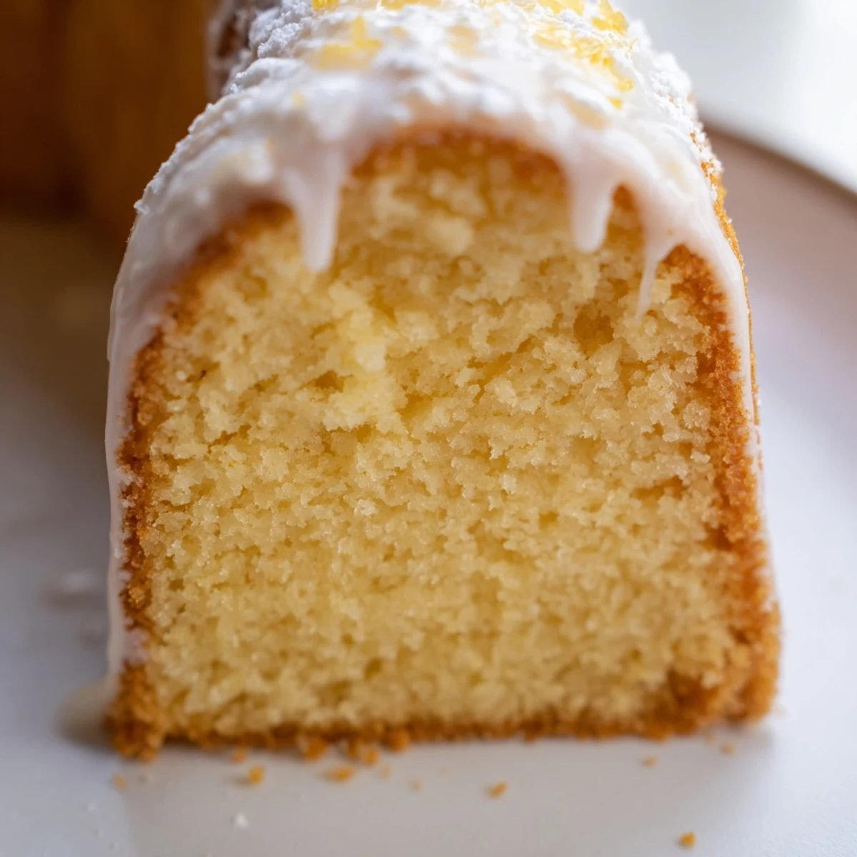 Classic American church cake displayed on a serving plate with sweet powdered sugar icing