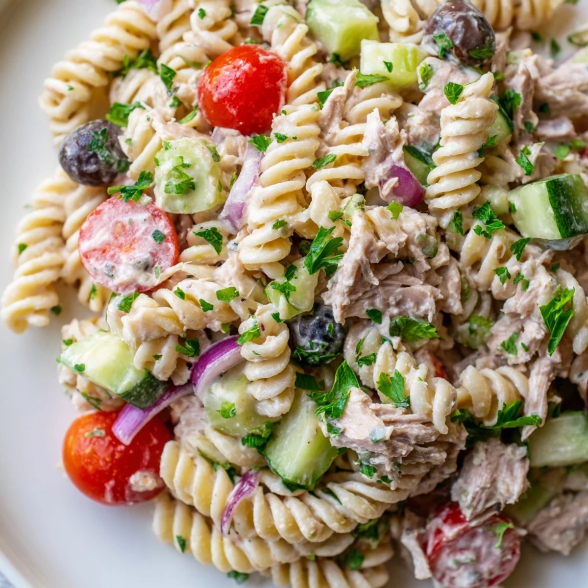 Creamy tuna pasta salad loaded with crisp vegetables and tender flaky tuna in a bowl