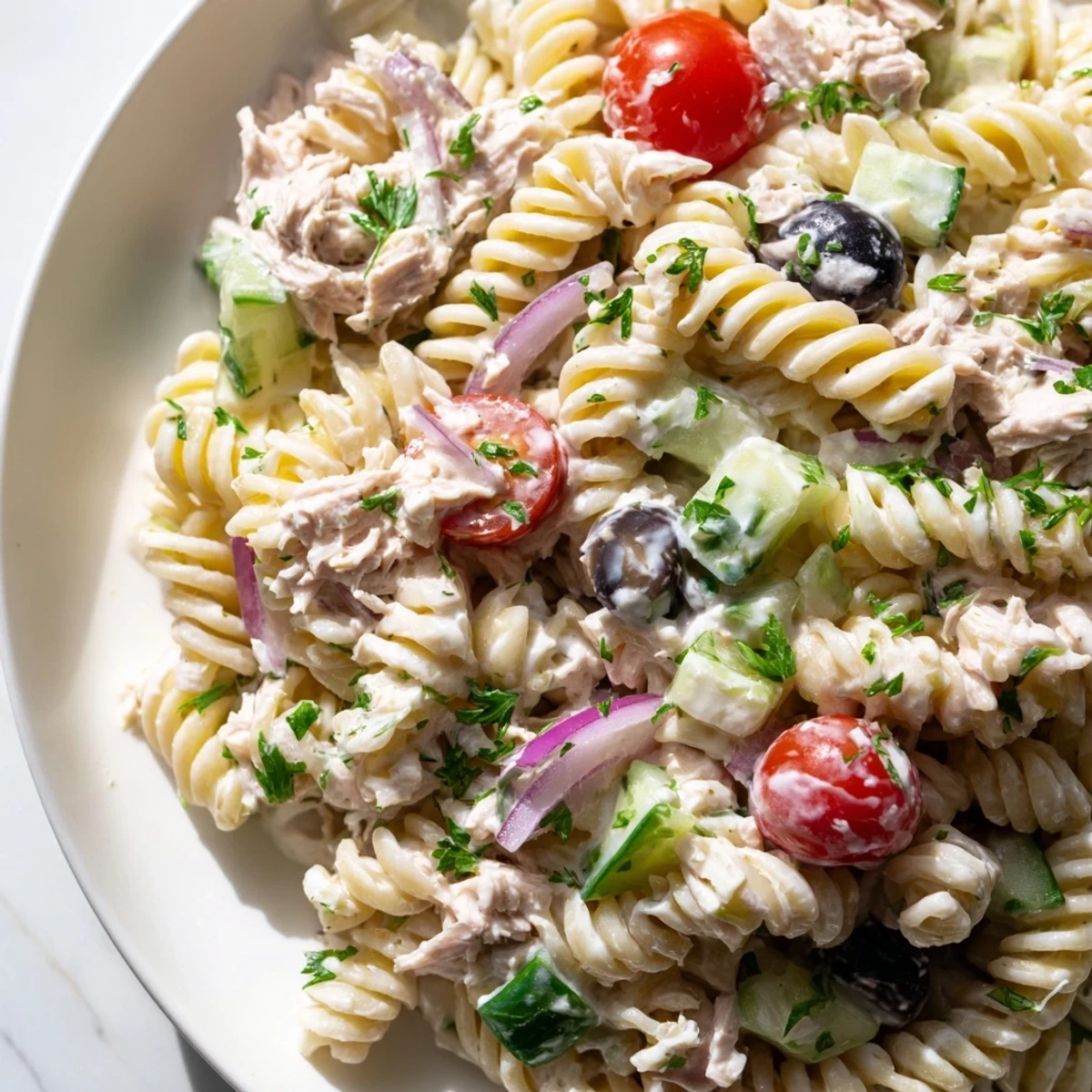 Chilled tuna pasta salad with colorful veggies and rich dressing served in a rustic bowl