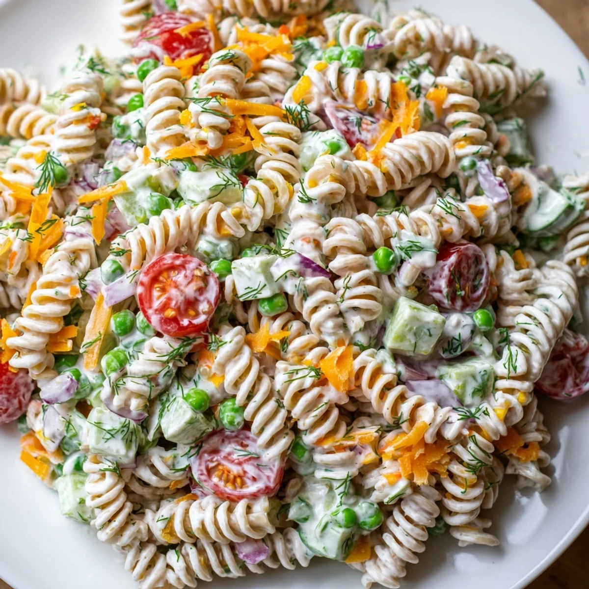Creamy ranch pasta salad loaded with colorful crisp vegetables in a tangy herb dressing