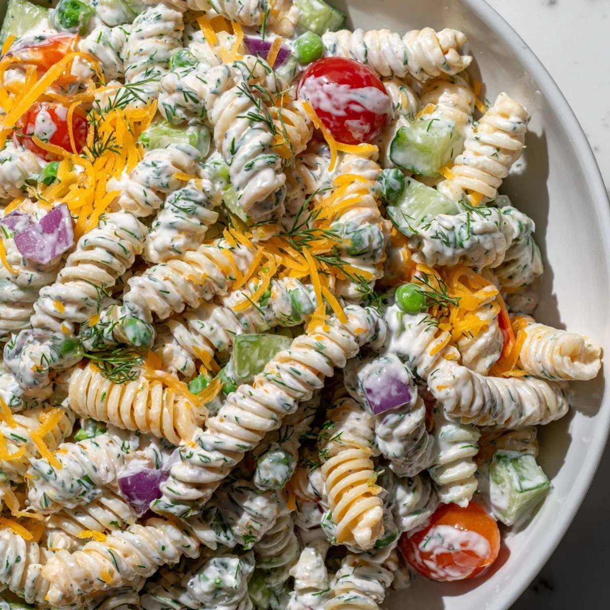 Chilled creamy ranch pasta salad featuring rotini peppers tomatoes and cucumber ready to serve