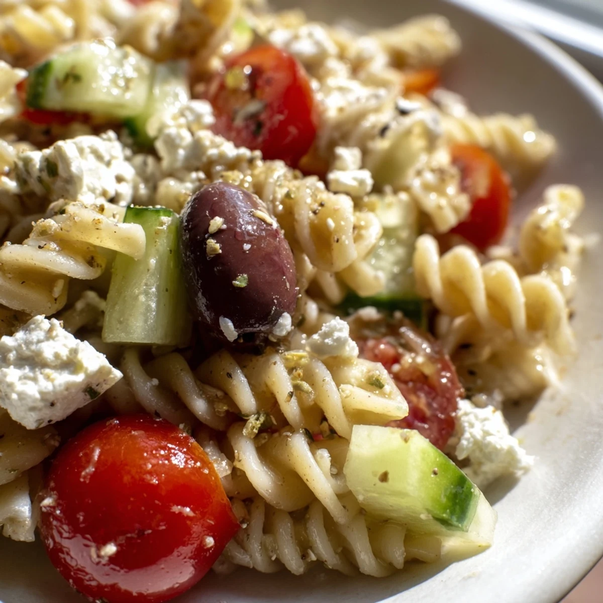 Greek pasta salad in a white bowl with cherry tomatoes, cucumber, olives, and crumbled feta cheese
